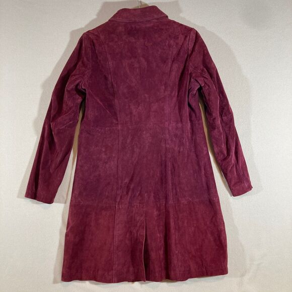 C Wonder Suede Trench Coat Women's Sz 10 Burgundy Red Lined Double Breasted - Picture 11 of 12